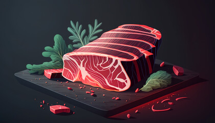 Juicy piece of meat on a wooden board, generative AI.