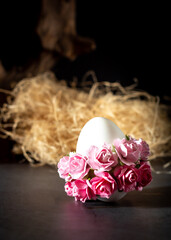 Easter egg in the nest with pink roses on a black background