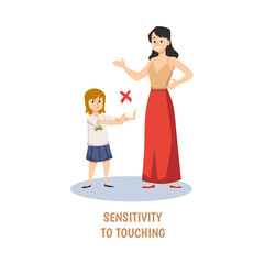 Sensitivity to touching symptom of kids autism flat vector illus
