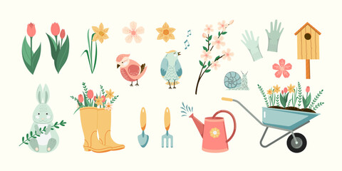 Spring gardening outdoor illustrations set. Vector plants, flowers, birds and garden tools seasonal flat style collection Isolated - obrazy, fototapety, plakaty
