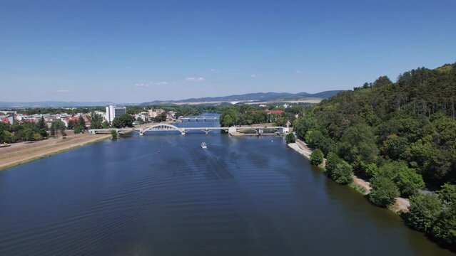 Aerial view of resort town Piestany and Spa Island at sunny summer day, Slovakia. 2x speeded up from 30 fps.