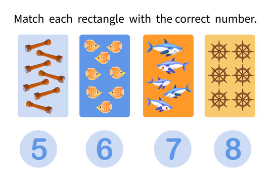 Match each rectangle with correct number. Maths for children. Game for preschool children. Vector colour illustrations. From 5 to 8.