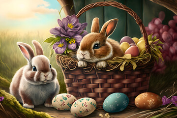 Adorable rabbits in a easter basket with easter eggs. Easter bunny painting. Generative AI