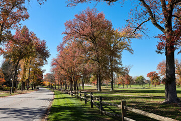 A picturesque view of a road with fall foliage in a residential area near a golf country club in Wilmington, Delaware