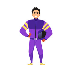 Kart racer in colorful suit and helmet, flat vector illustration isolated.