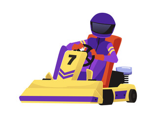 Racer driving a kart flat vector illustration isolated on white - obrazy, fototapety, plakaty