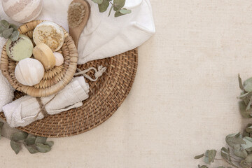 Spa composition with personal care items, top view.