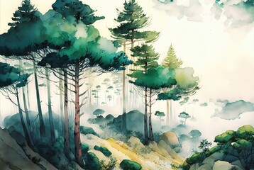 Obraz na płótnie Canvas Watercolor green conifer pine tree woodland, rustic sepia brown tone, artistic minimalism - negative space silhouette evergreen landscape - generative AI.