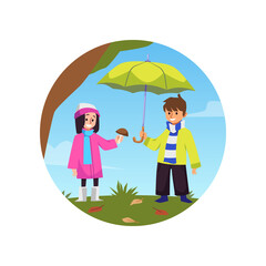 Kids picking mushrooms together, rainy autumn weather - flat vector illustration isolated on white background.