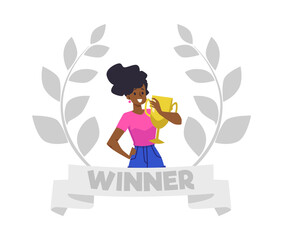 Woman holding golden cup award for victory flat vector illustration isolated.