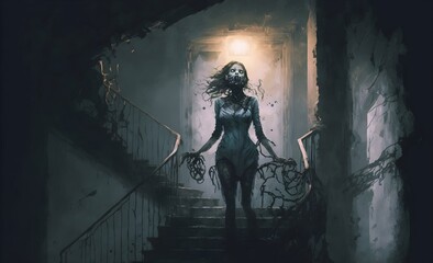 female zombie standing on stairs in abandoned house, digital art style, illustration painting. Generative AI