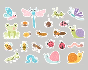Poster Big collection of stickers of cute insects. Funny decorative characters of snail, beetle, dragonfly and butterfly, bee and ant, spider and grasshopper. Vector illustration. isolated element © Ludmila