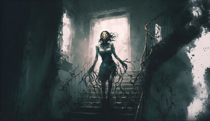 female zombie standing on stairs in abandoned house, digital art style, illustration painting. Generative AI