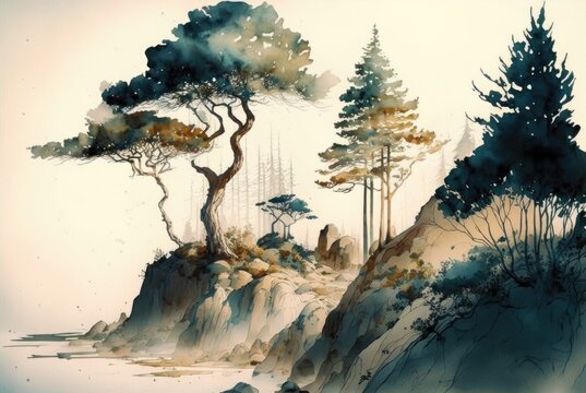 Watercolor green conifer pine tree woodland, rustic sepia brown tone, artistic minimalism - negative space silhouette evergreen landscape - generative AI.