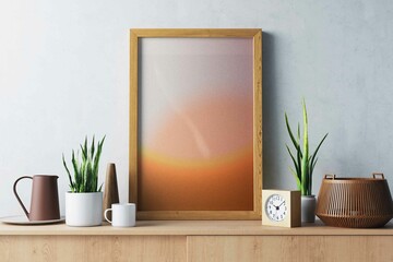 3d rendering of one large 24x36-inch canvas paper for poster, illustration or artwork mock-up in a wooden walnut frame sitting on a wooden credenza with interior accessories in a cosy modern interior