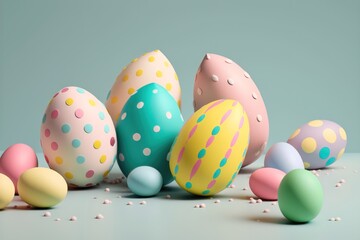 Fototapeta na wymiar Colourful Easter eggs on pastel background. AI Generation