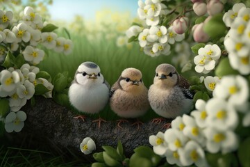 Funny little birds sit among the branches. AI generation