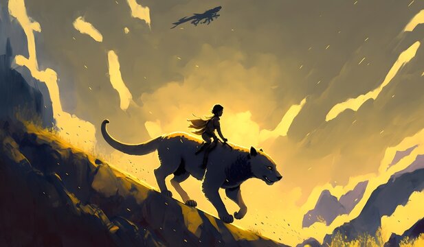 A child riding on the back of a panther runs in the mountains against the yellow beams in the sky, digital art style, illustration painting, Generative AI