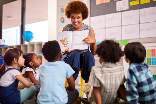 Female Teacher Reads To Multi-Cultural Elementary School Pupils Sitting On Floor In Class  At School