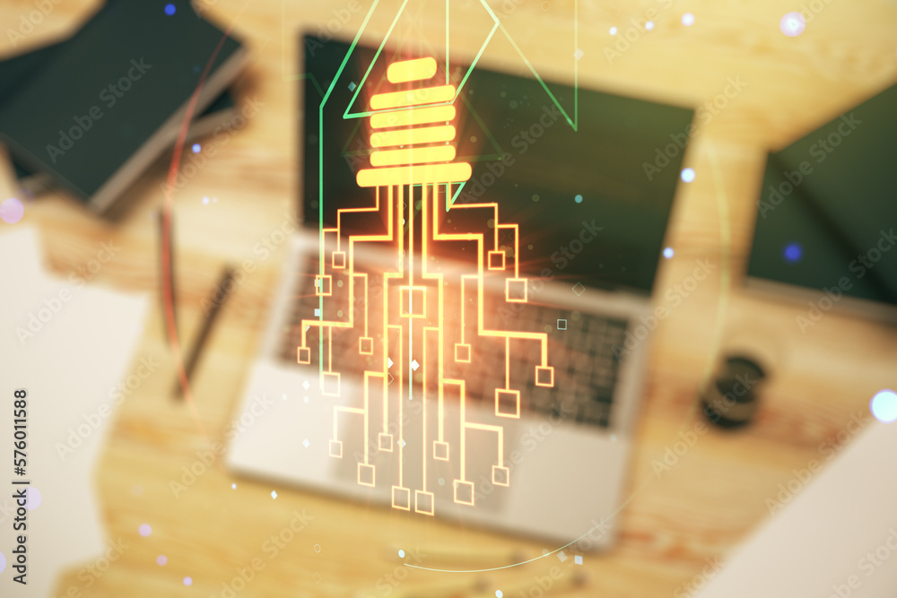 Aufkleber Creative light bulb illustration with microcircuit on modern computer background, future technology concept. Multiexposure