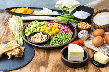 Cod, legumes and ingredients to prepare fanesca, a traditional soup from Ecuador