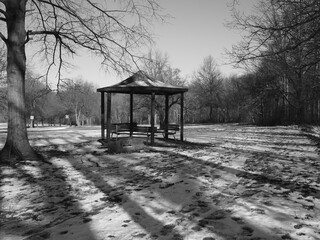 gazebo in the reservation covered with snow in winter
