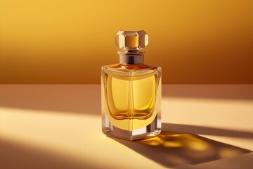 Transparent bottle of perfume on a yellow background. AI generation