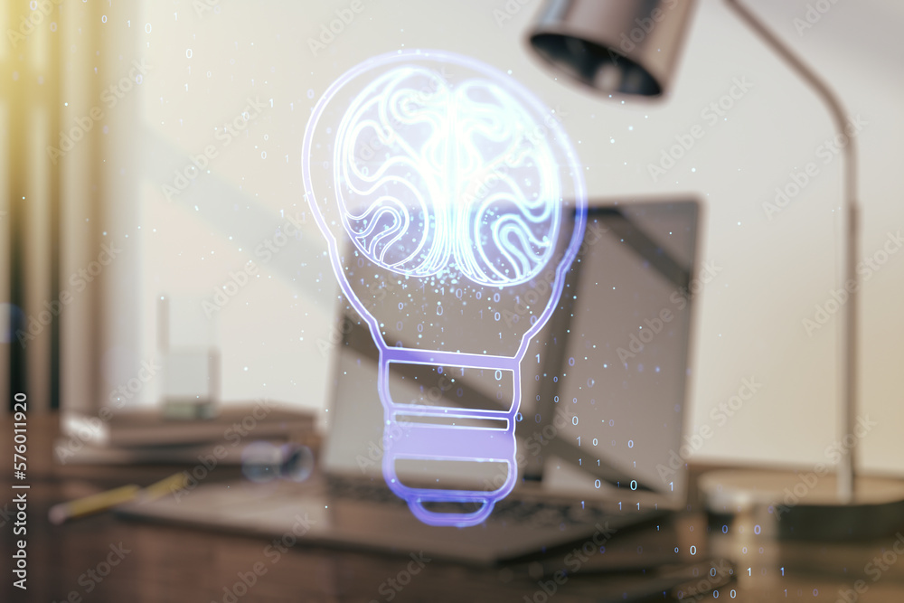 Aufkleber creative light bulb with human brain hologram on modern laptop background, artificial intelligence a