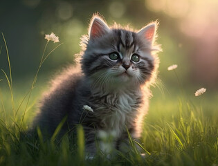 Naklejka na ściany i meble Kitty in a spring meadow with gold sun rays green grass, white small spring flowers. Adorable fluffy cat in grass. Generative AI.