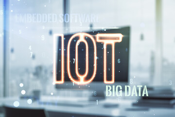 Double exposure of creative IOT hologram on laptop background, research and development concept