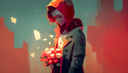 Sad teen girl with a bouquet of flowers, generative AI.