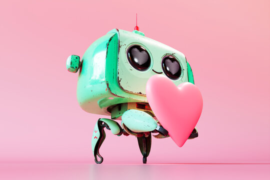 Tiny cute robot jumping cheerfully. Love, hearts, Valentine's day. Loop