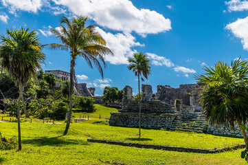 A view across the centre section of temple ruins at the Mayan settlement of Tulum, Mexico on a...