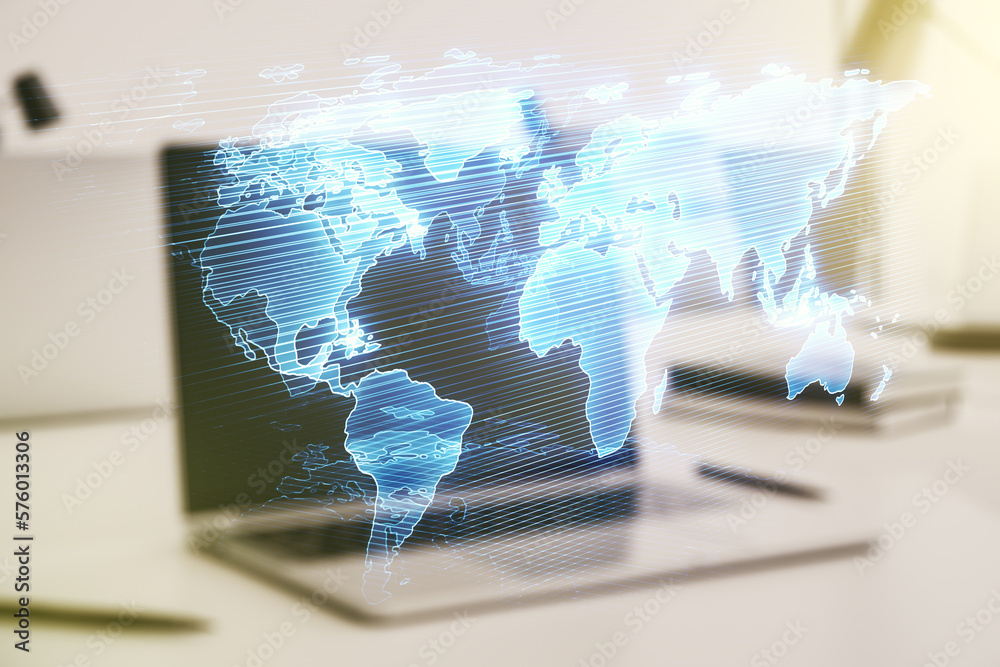 Poster abstract creative digital world map on modern computer background, globalization concept. multiexpos