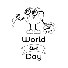 World Art Day poster in y2k style with planet, palette and brush. Cartoon black and white vector illustration.