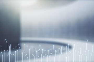 Abstract virtual micro circuit sketch on empty room interior background, future technology and AI concept. Double exposure