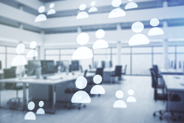 Double exposure of abstract virtual social network icons on modern corporate office background. Marketing and promotion concept