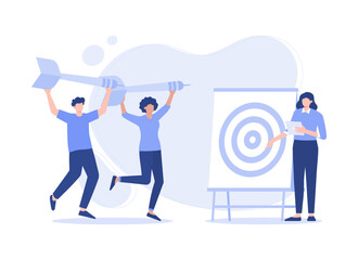 Peoples with the dart ready to the goal target according to the directions. Modern flat illustration
