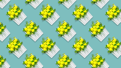 Tennis background. Seamless pattern with repeating yellow, tennis balls in a white, wooden boxes...
