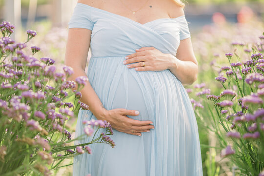 Barriga da mamãe grávida com vestido azul, a espera do bebê, entre as flores no campo.