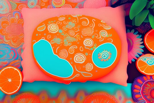 Photo of happy hippy oister vibes for dorm room pastel orange pinks - generative ai