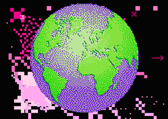 The Earth Globe World geography sphere map model in pixel art style. The concept of The World Wide Web.