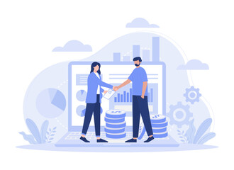 Business partners a successful team. woman and man business handshake. Modern flat illustration