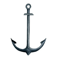 Grey metal anchor watercolor illustration isolated on white background for nautical stickers icons design, stationery