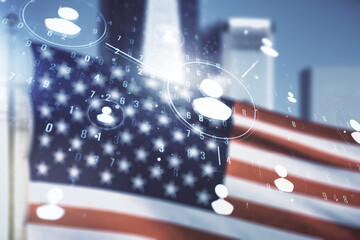 Double exposure of social network icons hologram on US flag and city background. Networking concept