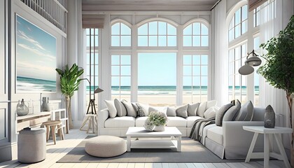 Fototapeta na wymiar Spacious living room with a view of the ocean in an opulent summer beach house with white furnishings. The inside of a vacation home or villa. generative ai