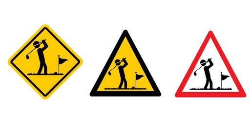 Stickman, stick figure man with golf stick. Golf player zone and golf course icon. Golf club with a ball silhouette. Sportsman hitting ball with niblick. Golfer zone