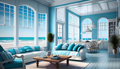 A luxurious vacation home on the beach has a beautiful living room with blue furniture and a view of the ocean. the living space inside of a vacation home or villa. generative ai
