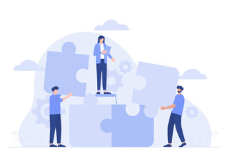 Teamwork connecting puzzle elements, cooperation, partnership. Modern vector flat illustration