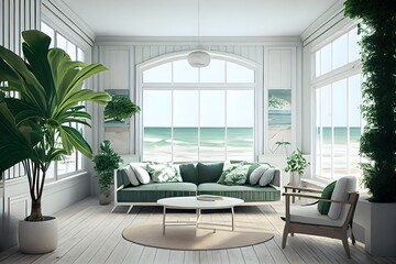 가구, 생성 인공 지능, 편안한 오렌지 인테리어, 열대 전망 럭셔리 여행, 바다 배경을 갖춘 현대적인 밝은 녹색 식물 목조 여름 해변 집, generative ai